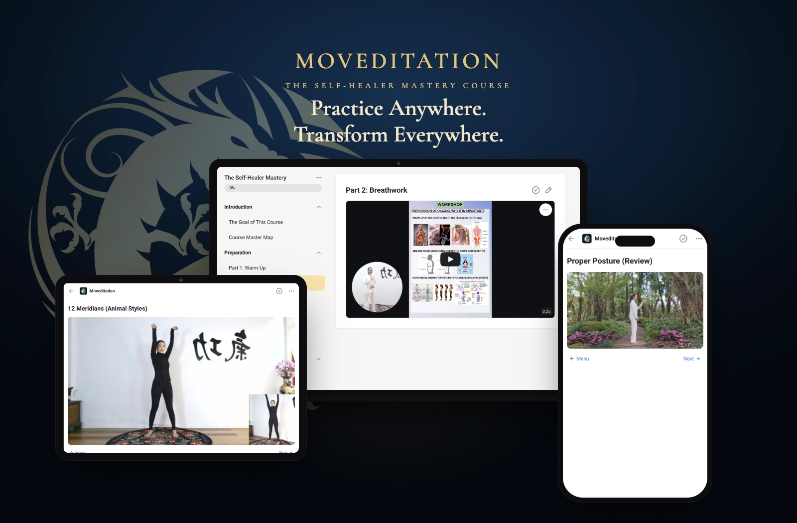 The Self-Healer Mastery course shown on a laptop, tablet, and phone — lessons on breathwork, the 12 Meridians animal styles, and proper posture, organized step by step.